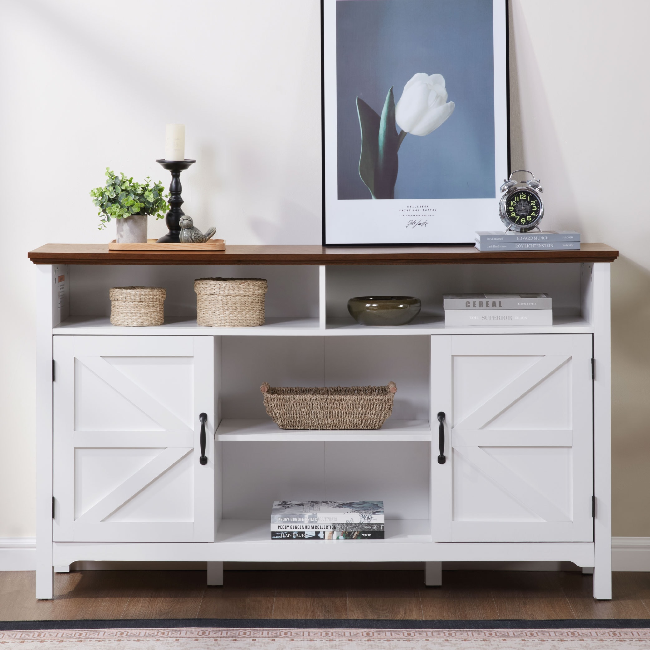 Farmhouse Sideboard Buffet Cabinet With Hinged Barn Doors, 58" Large Kitchen Storage Cabinet With Adjustable Shelves, Antique White Wood Coffee Bar Table For Dining Room, Living Room, Enterway_voghion.com
